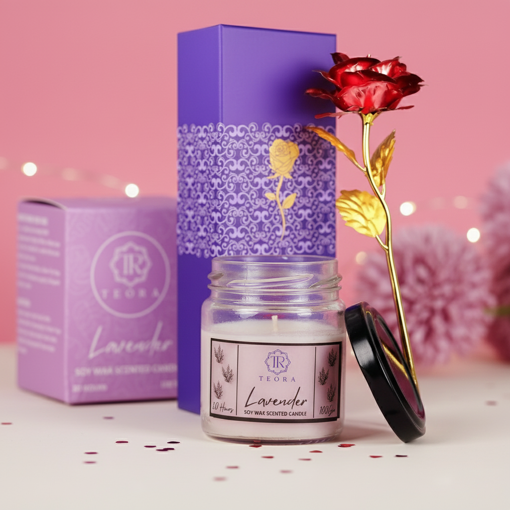 Valentine Combo Red Rose with Teora Aromatic Candle Gift Set
