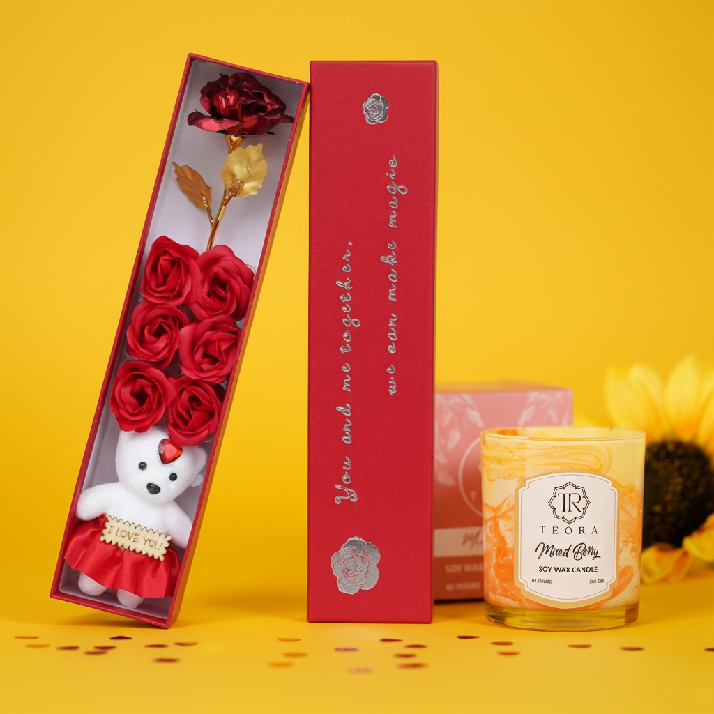 Valentine Combo Red Rose and Teddy Bear with Teora Aromatic Candle Gift Set