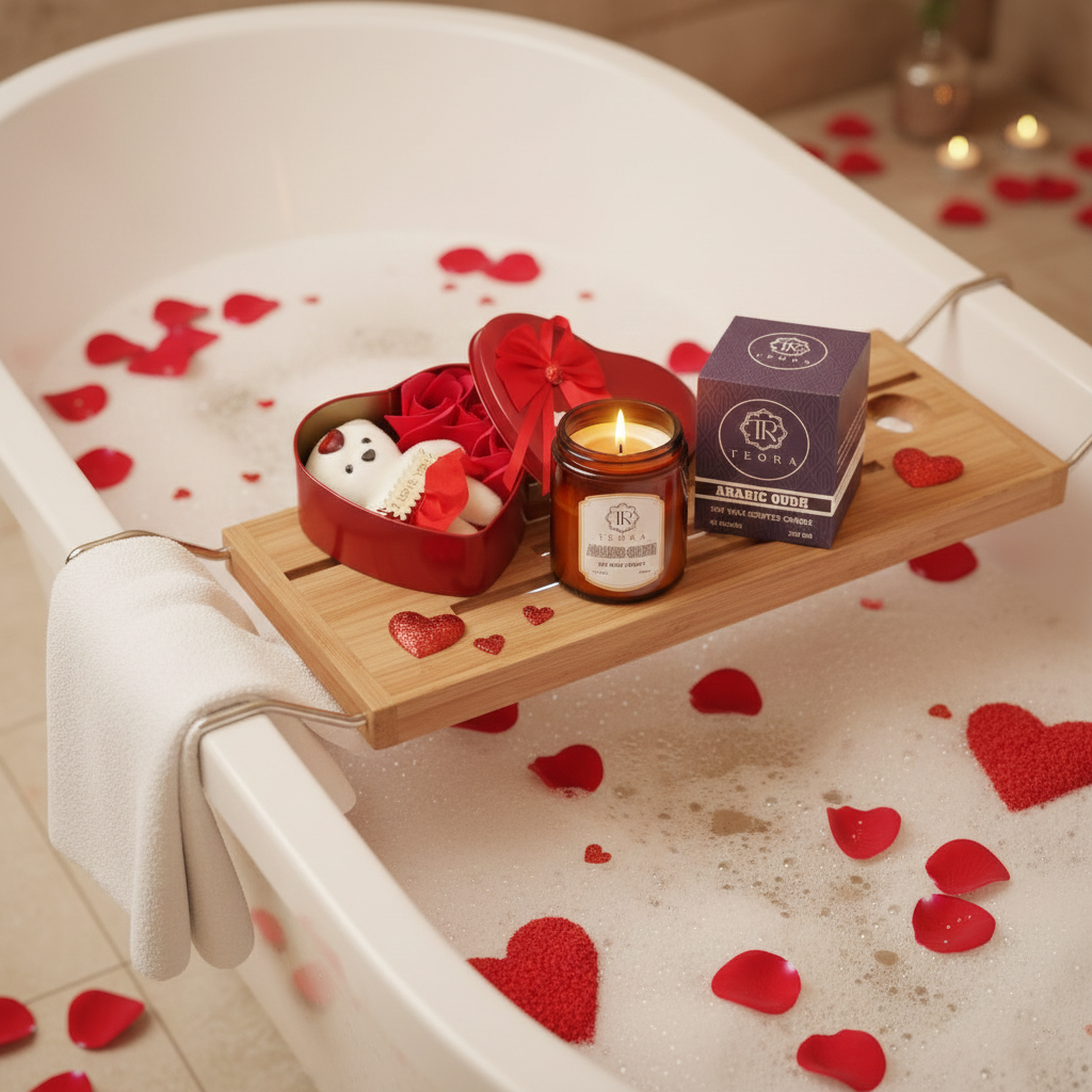 Valentine Combo Teddy Bear & 3 Red Roses in Heart Shaped Box & Teora Aromatic Candle Gift Set