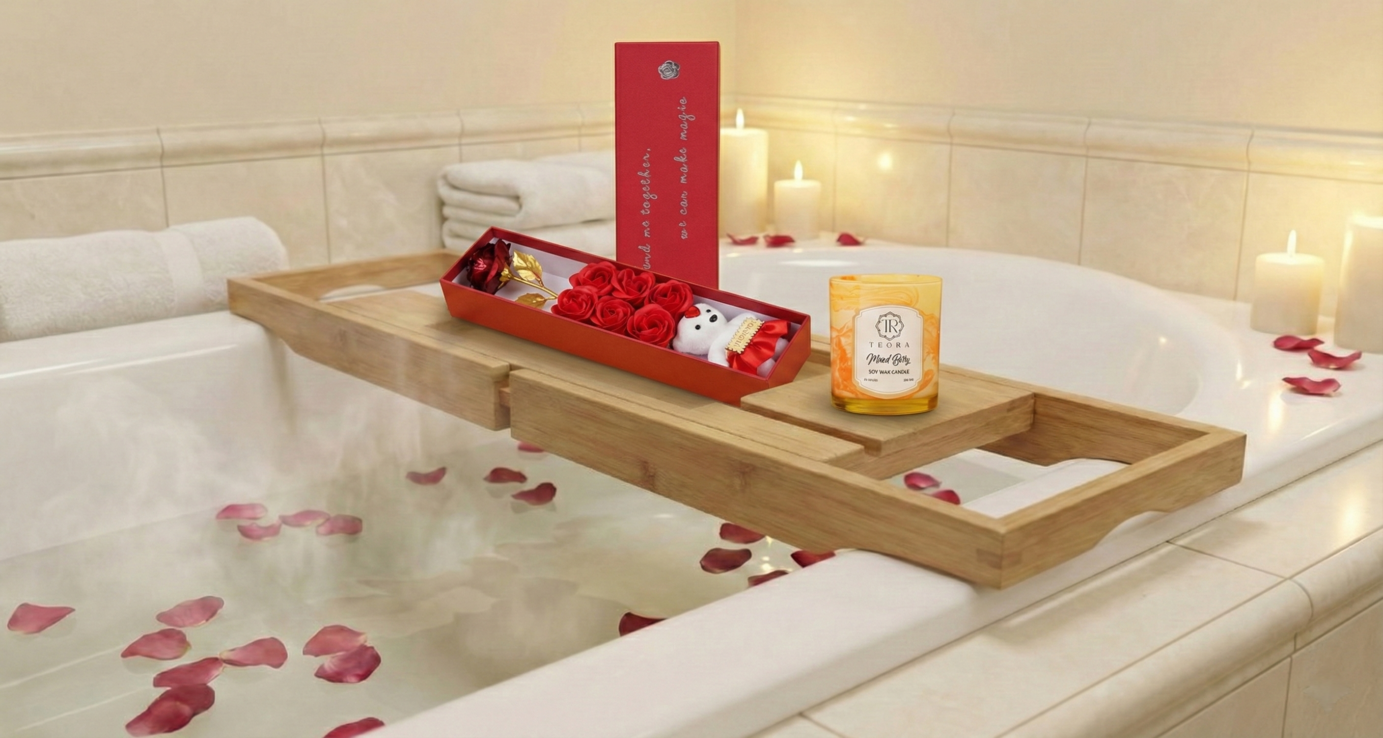 Valentine Combo Red Rose and Teddy Bear with Teora Aromatic Candle Gift Set