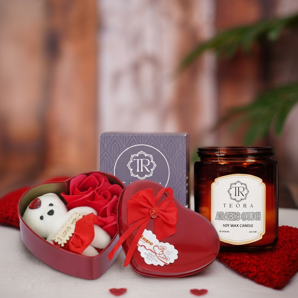 Valentine Combo Teddy Bear & 3 Red Roses in Heart Shaped Box & Teora Aromatic Candle Gift Set
