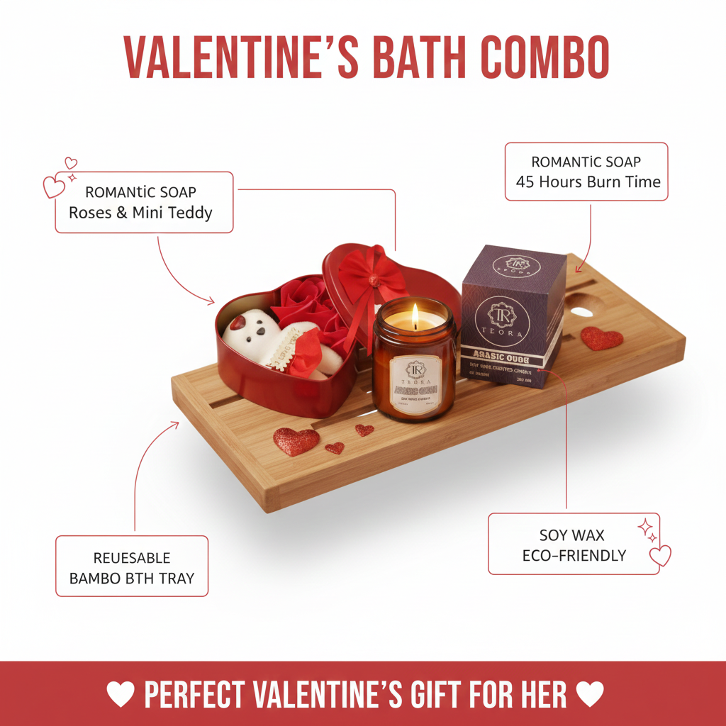 Valentine Combo Teddy Bear & 3 Red Roses in Heart Shaped Box & Teora Aromatic Candle Gift Set